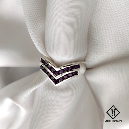 925 Silver V-Shaped Purple CZ Ring for Women – Stylish Party Wear Band