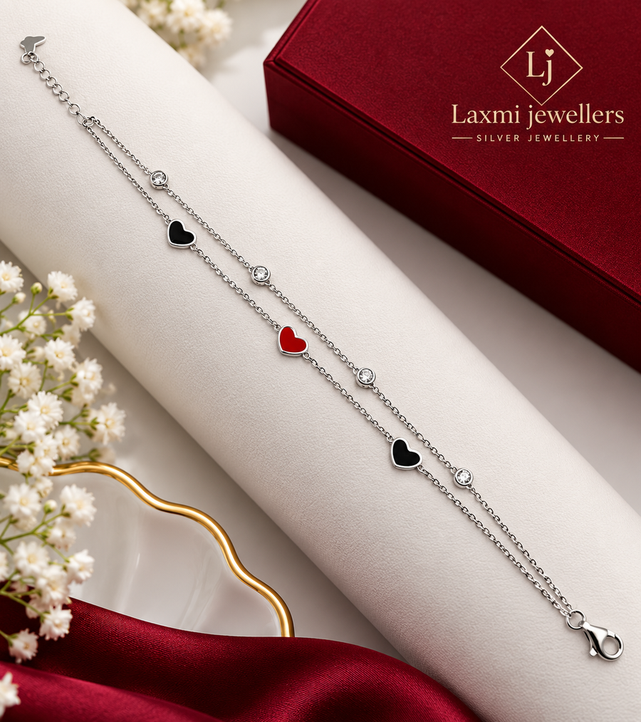 925 Sterling Silver Heart Bracelet for Women | Black & Red Heart Charm Bracelet – Laxmi Jewellers