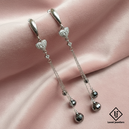 925 Silver Heart Chain Drop Earrings for Women | Designer Long Danglers with CZ Stones