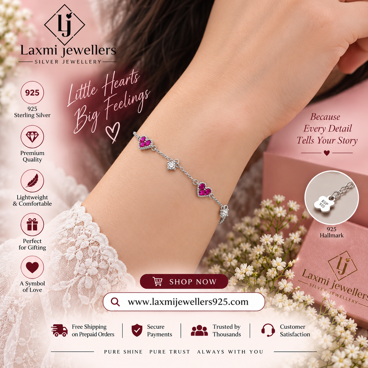 925 Sterling Silver Heart Bracelet for Women | Stylish Ladies Heart Charm Bracelet