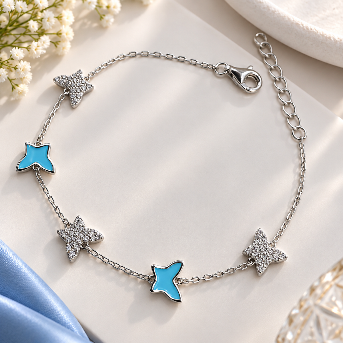 925 Sterling Silver Blue Butterfly & Sparkling Star Bracelet for Women | Ladies Bracelet – Laxmi Jewellers