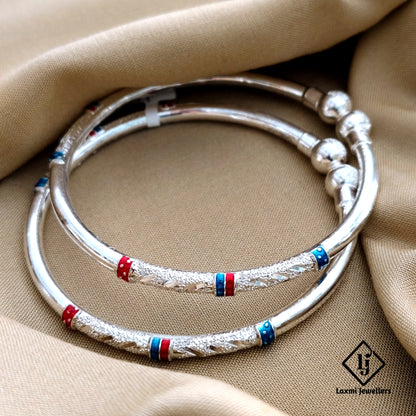 925 Silver Ladies Bangles with Red & Blue Enamel – Traditional Oxidised Kada Pair for Women