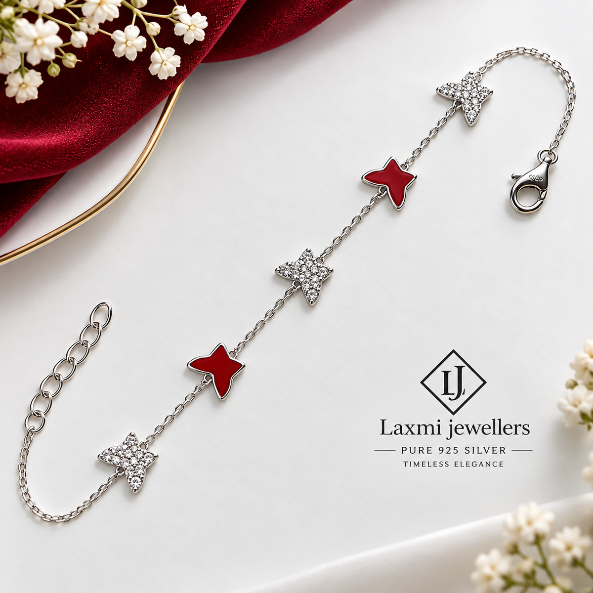 925 Sterling Silver Red & White Star Bracelet for Women | Star Charm Bracelet – Laxmi Jewellers