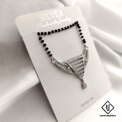 925 Sterling Silver Mangalsutra Necklace with Sparkling Crystal Pendant – Traditional Black Beads Design