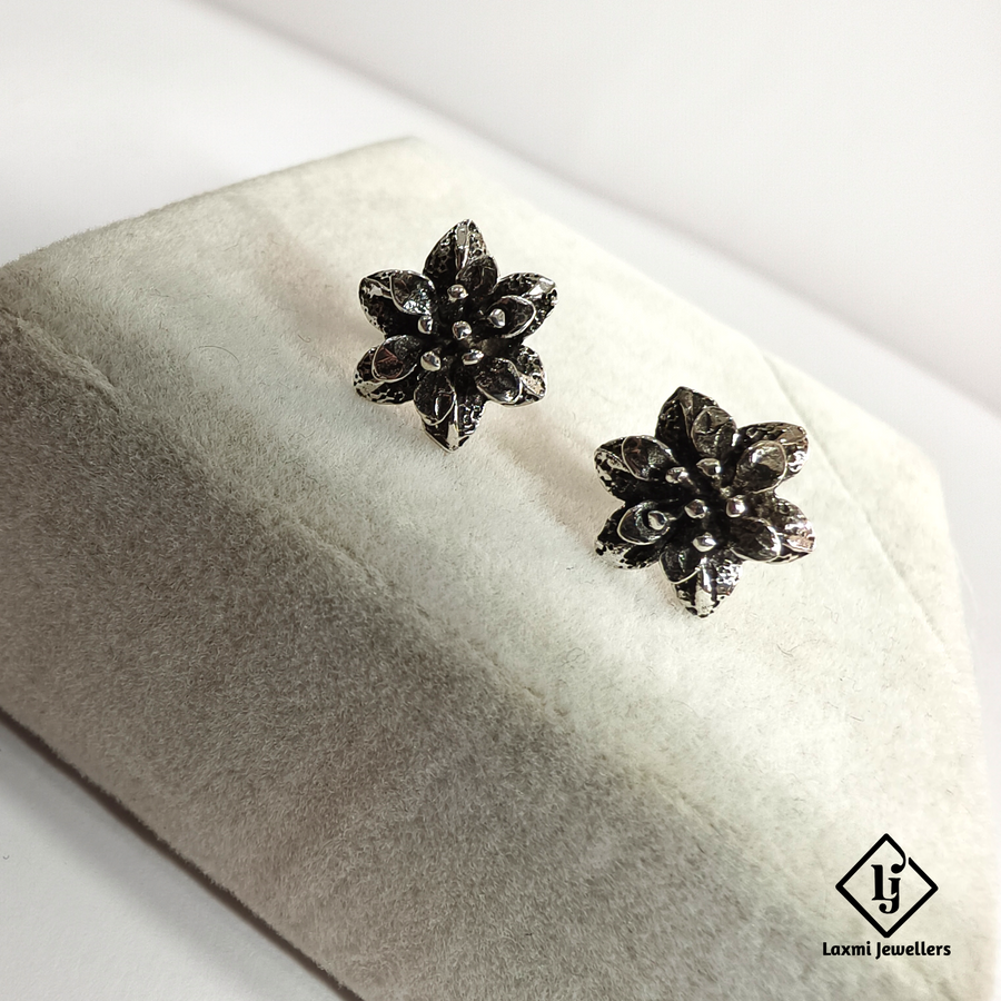 925 Sterling Silver Oxidised Flower Stud Earrings for Women | Laxmi Jewellers