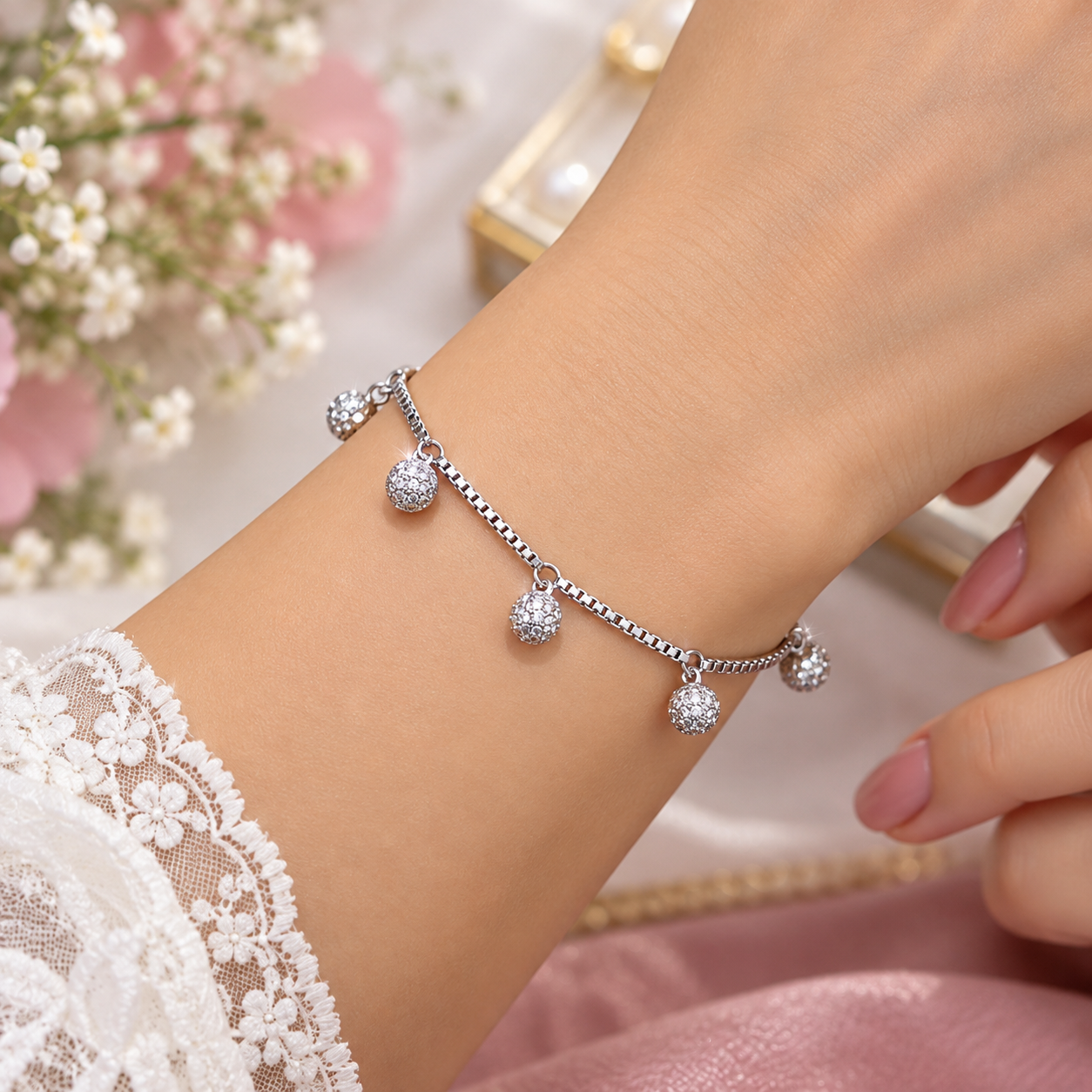 925 Sterling Silver Ball Charm Bracelet for Women | Elegant Ladies Silver Bracelet