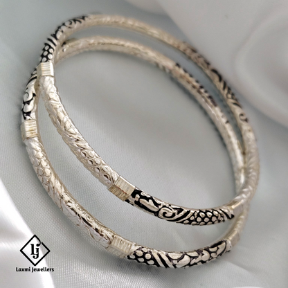 Oxidized Silver Kada Bangles – Intricate Floral Design – Traditional Ethnic Jewelry