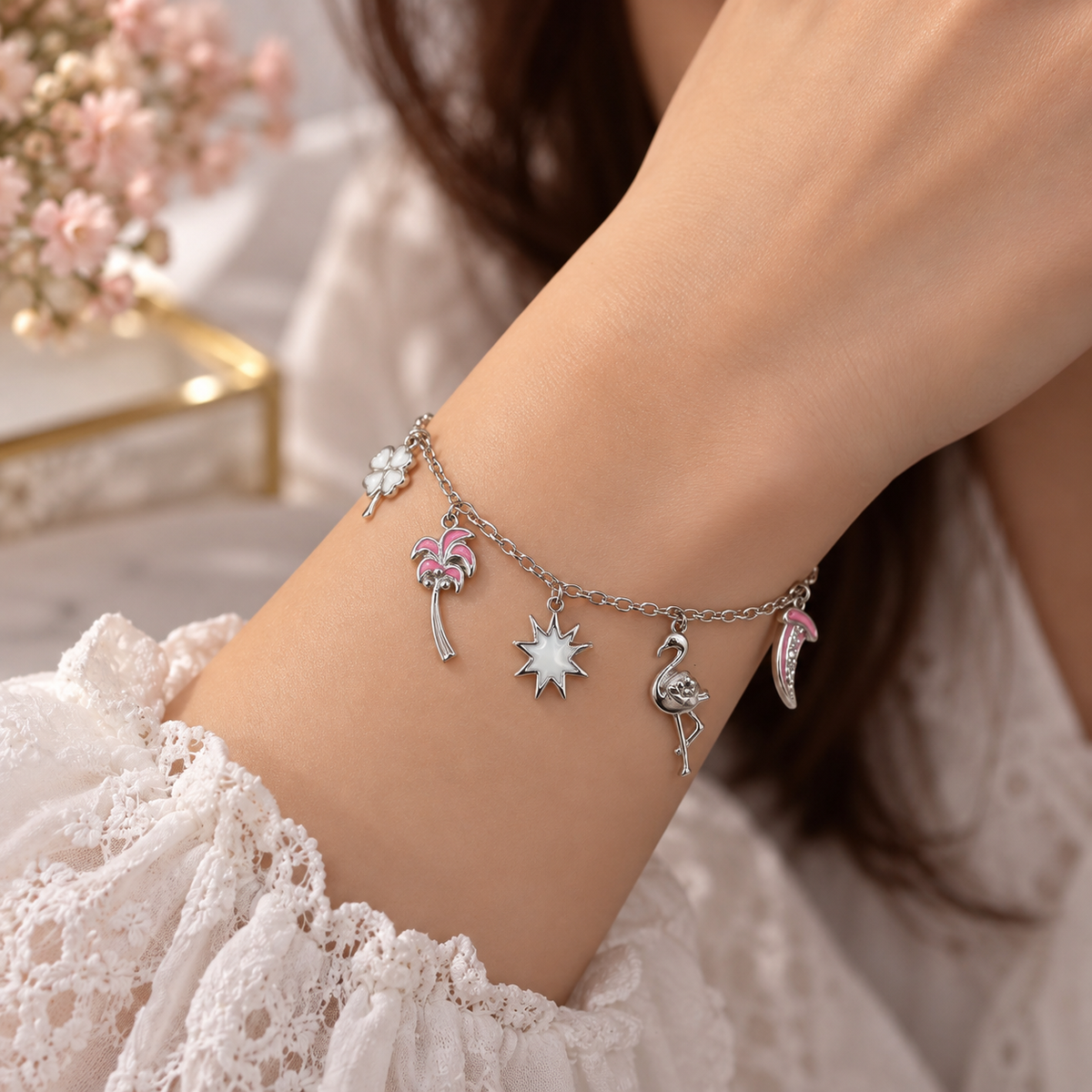 925 Sterling Silver Charm Bracelet for Women | Pink Flamingo, Palm & Star Design – Laxmi Jewellers