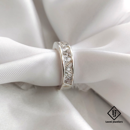 925 Sterling Silver Band Ring with Princess-Cut White CZ Stones | Elegant Unisex Jewelry