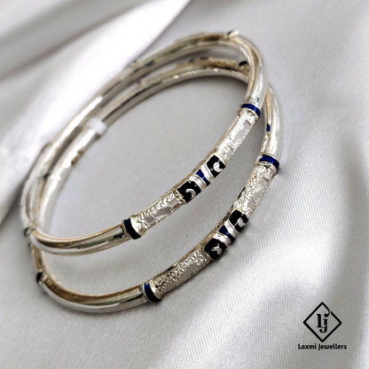 925 Sterling Silver Bangles for Women with Black & Blue Enamel Design – Traditional Handmade Kada