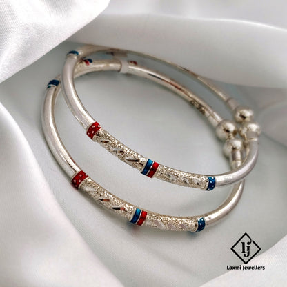 925 Silver Ladies Bangles with Red & Blue Enamel – Traditional Oxidised Kada Pair for Women