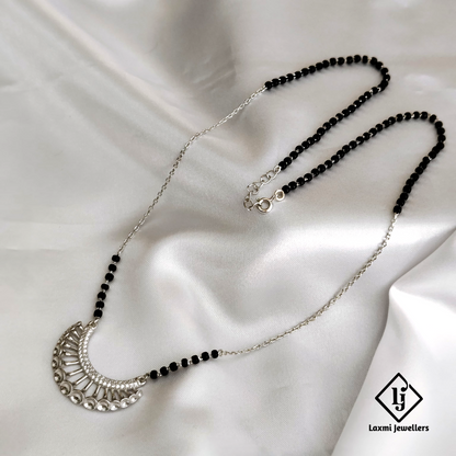 Elegant 925 Sterling Silver Mangalsutra with Black Beads and Modern Pendant Design