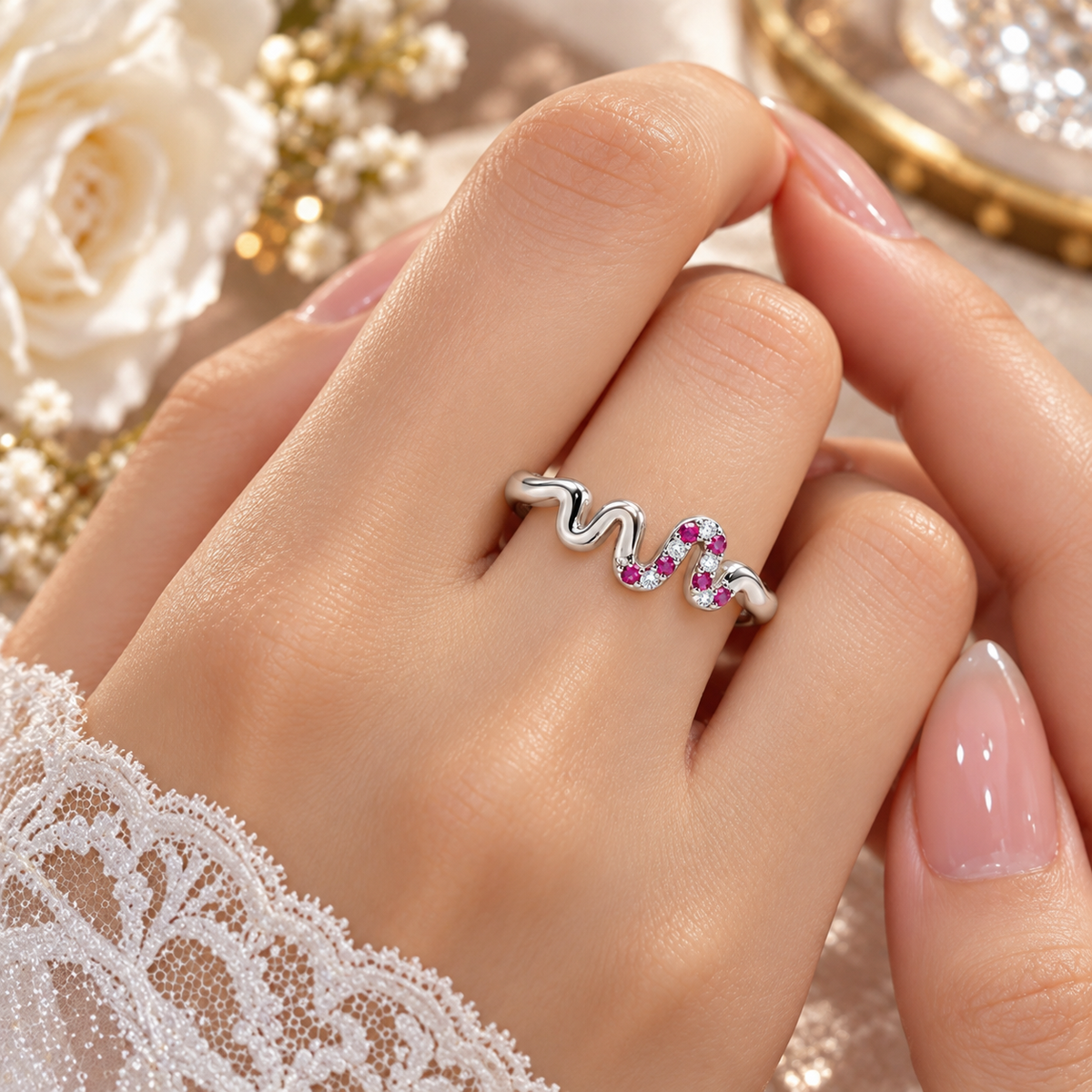 925 Sterling Silver Wave Ring for Women | Pink & White Stone Studded Ladies Ring – Laxmi Jewellers