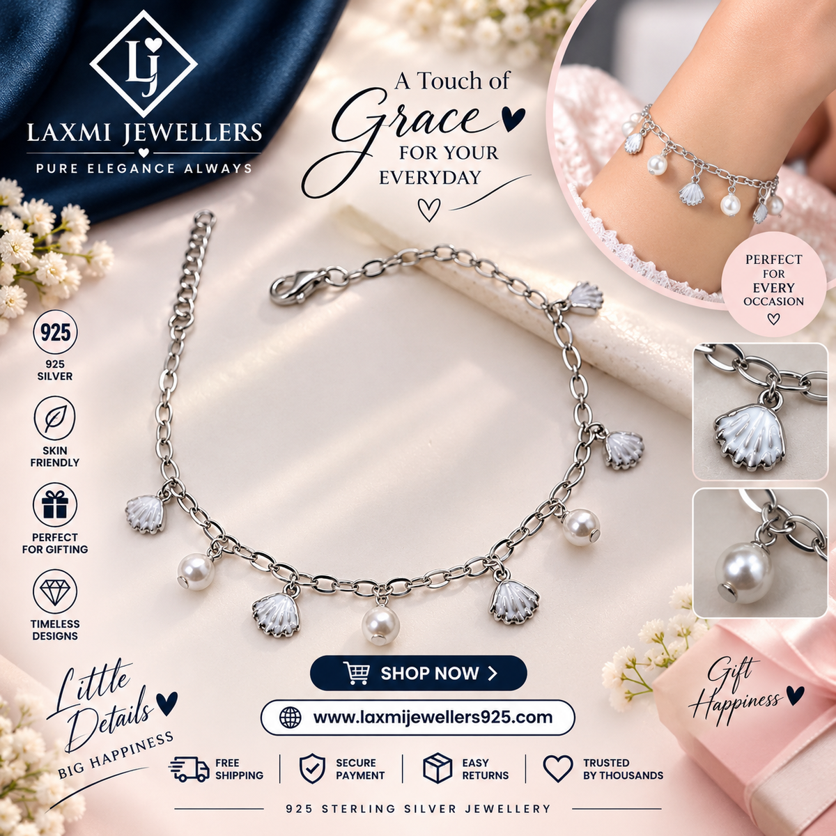 925 Sterling Silver Pearl & Shell Charm Bracelet for Women | Ladies Bracelet – Laxmi Jewellers
