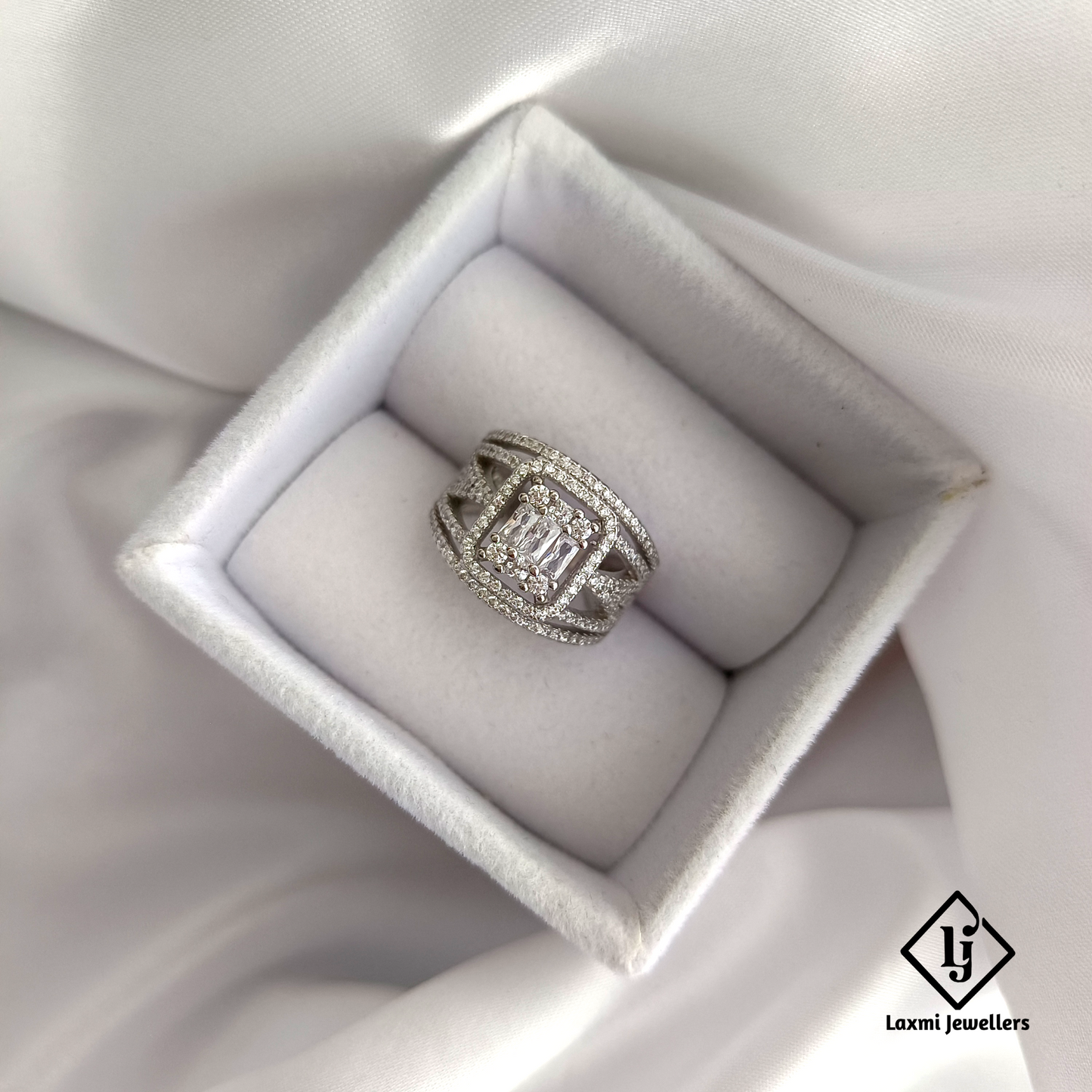 Silver Statement Ring for Women with CZ Stones | Wide Band Designer Ring for Party & Daily Wear