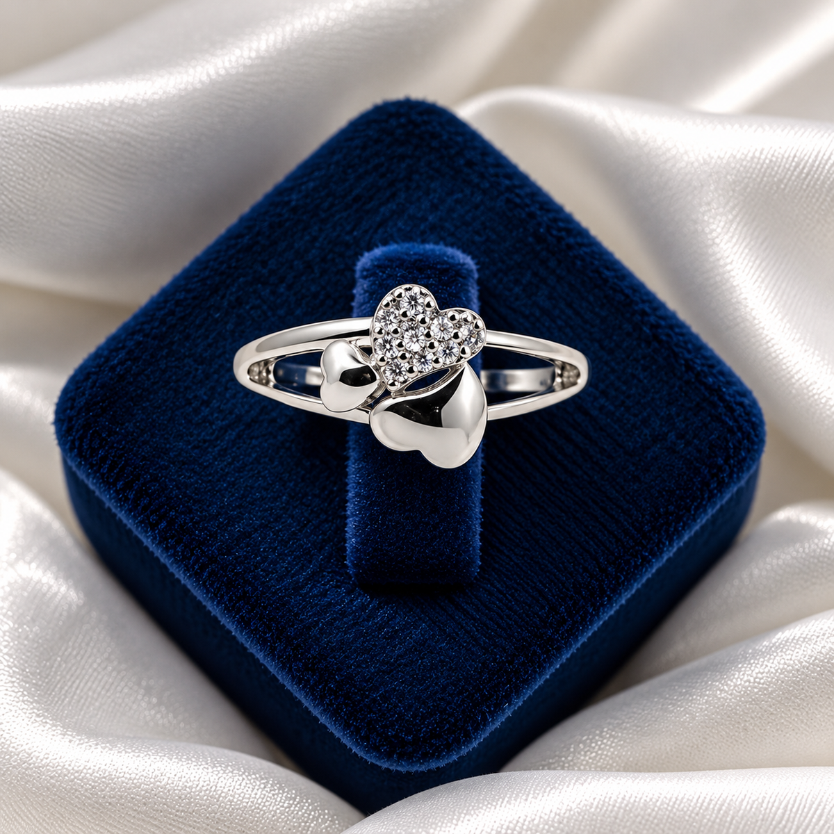 925 sterling silver Double Heart Crystal Ladies Ring for Women | Elegant Silver-Tone Heart Design Ring – Laxmi Jewellers