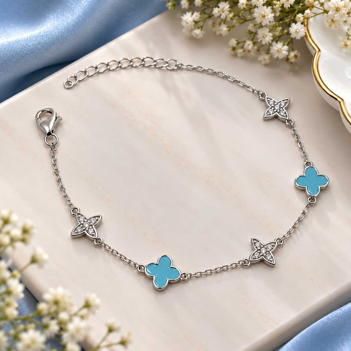 925 Sterling Silver Blue Flower Bracelet for Women | Elegant Floral Charm Bracelet – Laxmi Jewellers
