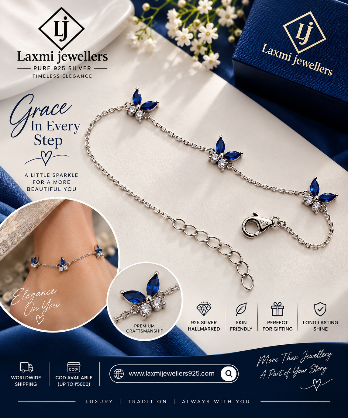 925 Sterling Silver Blue Butterfly Bracelet for Women | Elegant Blue Stone Bracelet – Laxmi Jewellers