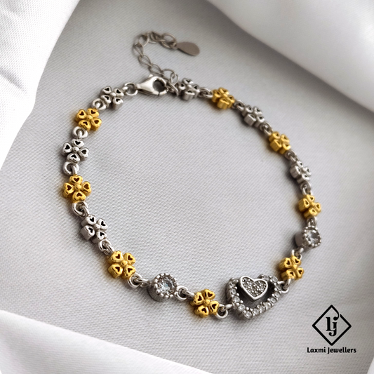 925 Silver Heart & Floral Charm Bracelet with Gold Accents for Women
