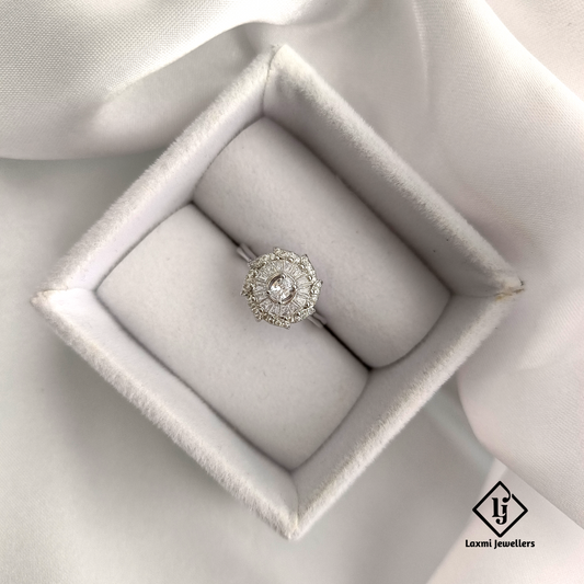 925 Silver Round American Diamond Engagement Ring for Women – Elegant Floral Design