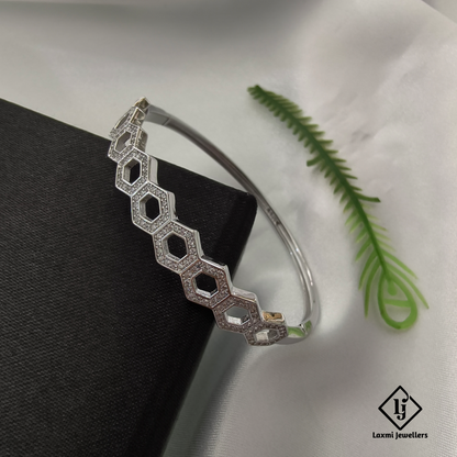 925 Silver Hexagon Design CZ Openable Kada for Women – Modern Geometric Bangle