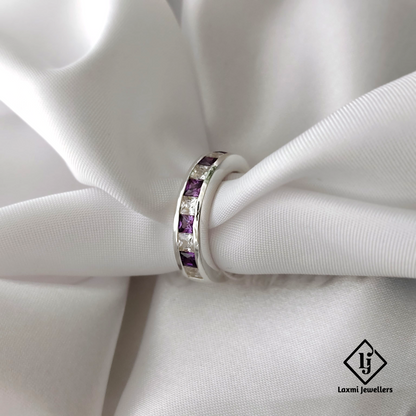 925 Silver Band Ring with Princess-Cut Purple & White CZ Stones – Unisex Elegant Design