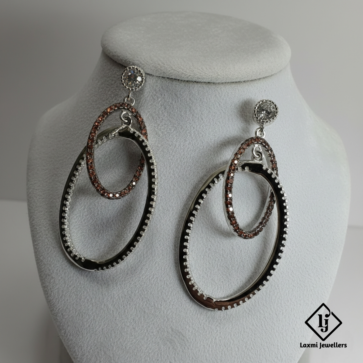 925 Silver Dual Oval Hoop Dangler Earrings for Women | Designer CZ Party Wear Earrings