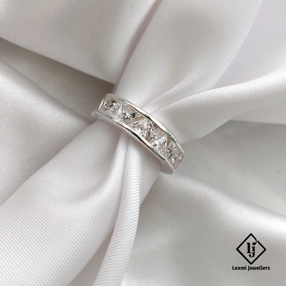 925 Sterling Silver Band Ring with Princess-Cut White CZ Stones | Elegant Unisex Jewelry
