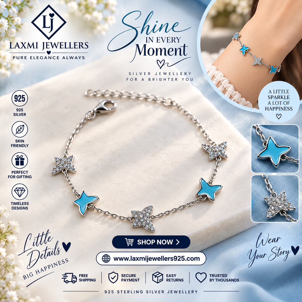 925 Sterling Silver Blue Butterfly & Sparkling Star Bracelet for Women | Ladies Bracelet – Laxmi Jewellers