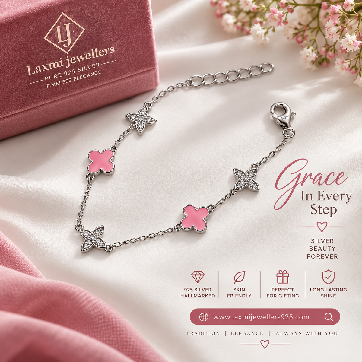 925 Sterling Silver Pink Clover & Sparkling Flower Bracelet for Women | Ladies Bracelet – Laxmi Jewellers