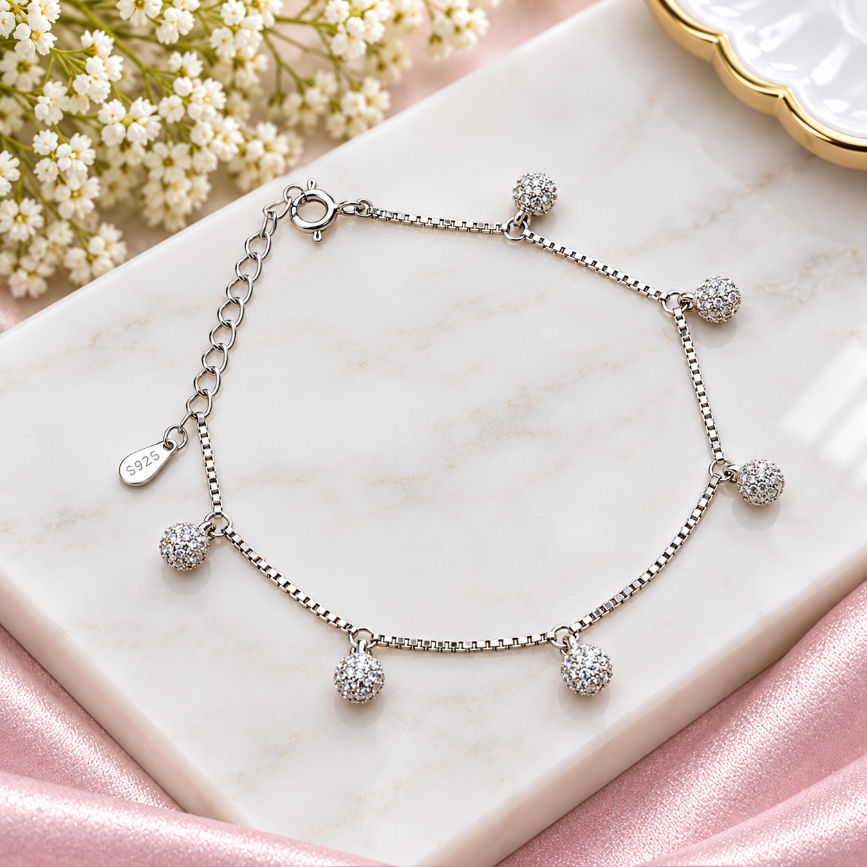 925 Sterling Silver Ball Charm Bracelet for Women | Elegant Ladies Silver Bracelet