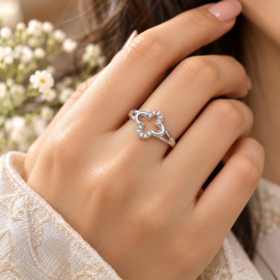 925 Sterling Silver Clover Ring for Women | Sparkling Four Leaf Flower Design – Laxmi Jewellers
