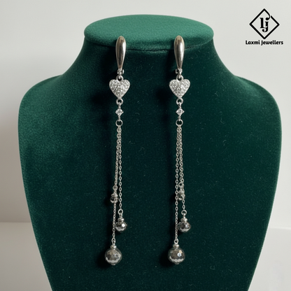 925 Silver Heart Chain Drop Earrings for Women | Designer Long Danglers with CZ Stones
