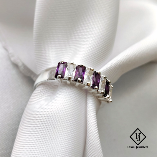 Elegant 925 Sterling Silver Baguette-Cut Purple and White Stone Ring – Stylish, Durable, and Perfect for All Occasions