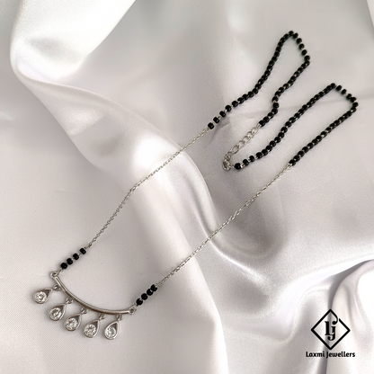 Elegant Silver Plated Mangalsutra Necklace with Crystal Drops – Modern Black Bead Design