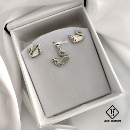 925 Silver Swan Pendant Set for Women | CZ Stone & Mother of Pearl Design