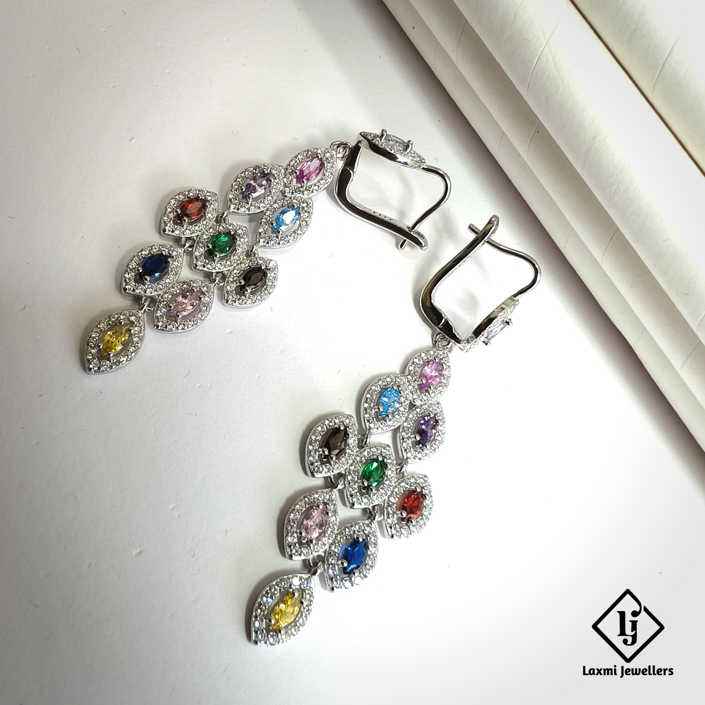 925 Silver Multicolour Stone Dangler Earrings for Women | Designer CZ Party Wear Earrings