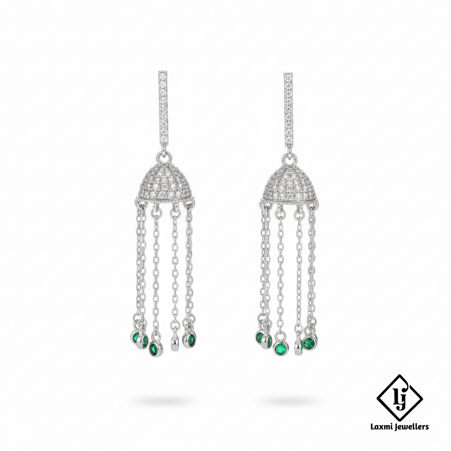 925 Sterling Silver Bali Style Jhumka Earrings with Green Stones | Designer Chain Drop Earrings