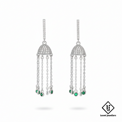 925 Sterling Silver Bali Style Jhumka Earrings with Green Stones | Designer Chain Drop Earrings
