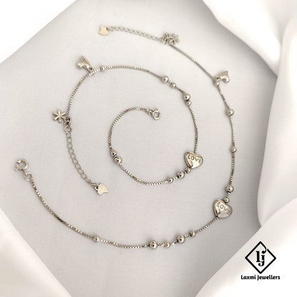 925 Silver Love Heart Charm Anklet Set for Women | Elegant & Adjustable