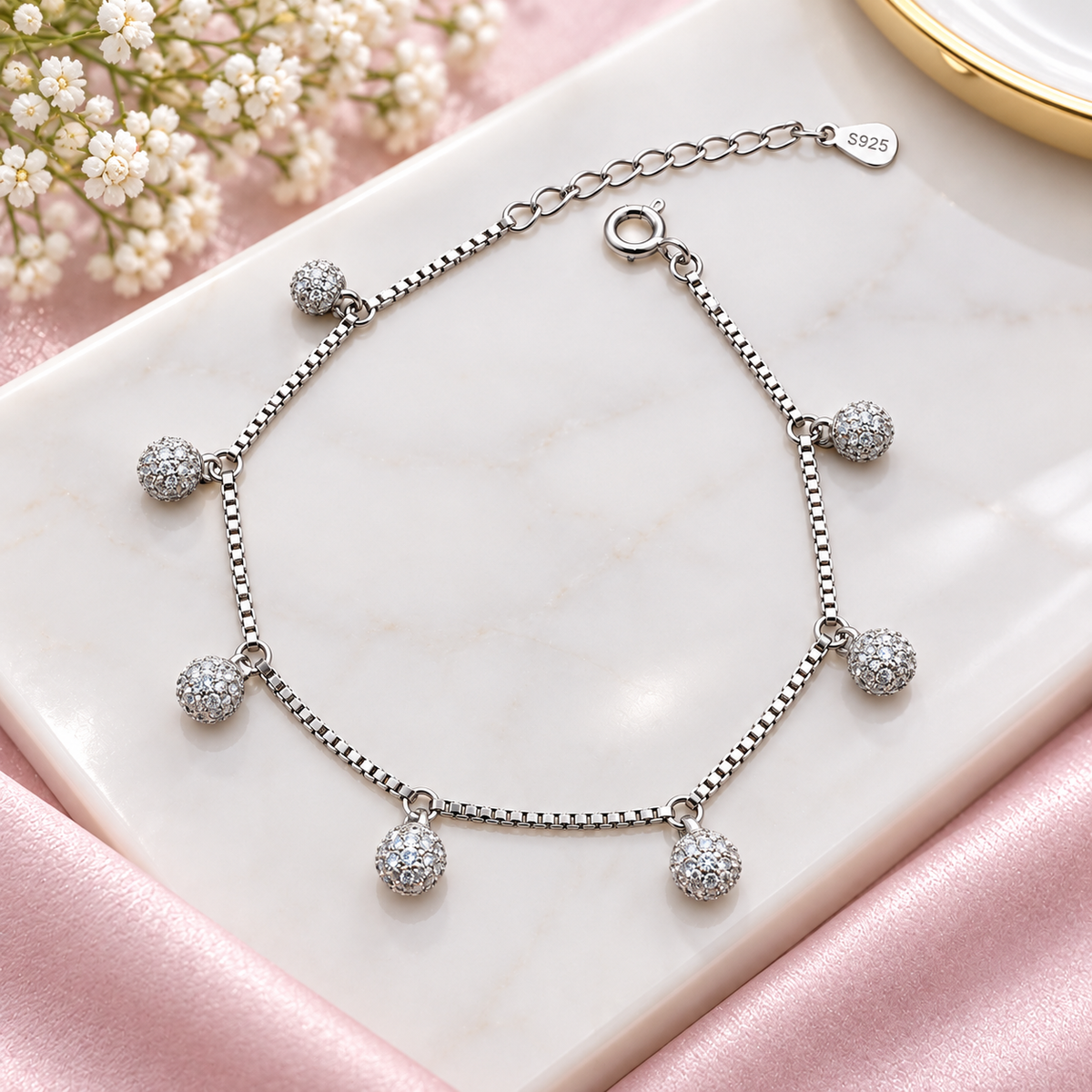 925 Sterling Silver Ball Charm Bracelet for Women | Elegant Ladies Silver Bracelet