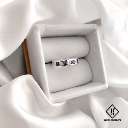 925 Silver Band Ring with Princess-Cut Purple & White CZ Stones – Unisex Elegant Design