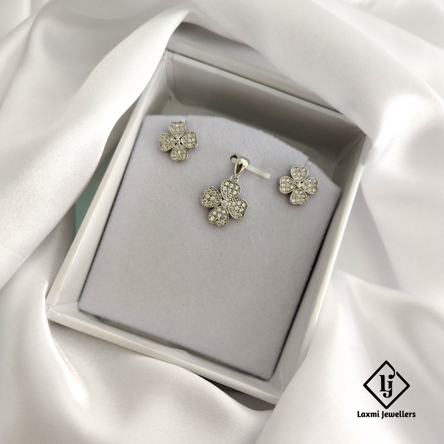 925 Silver Floral Pendant Set for Women | CZ Studded Flower Design by Laxmi Jewellers