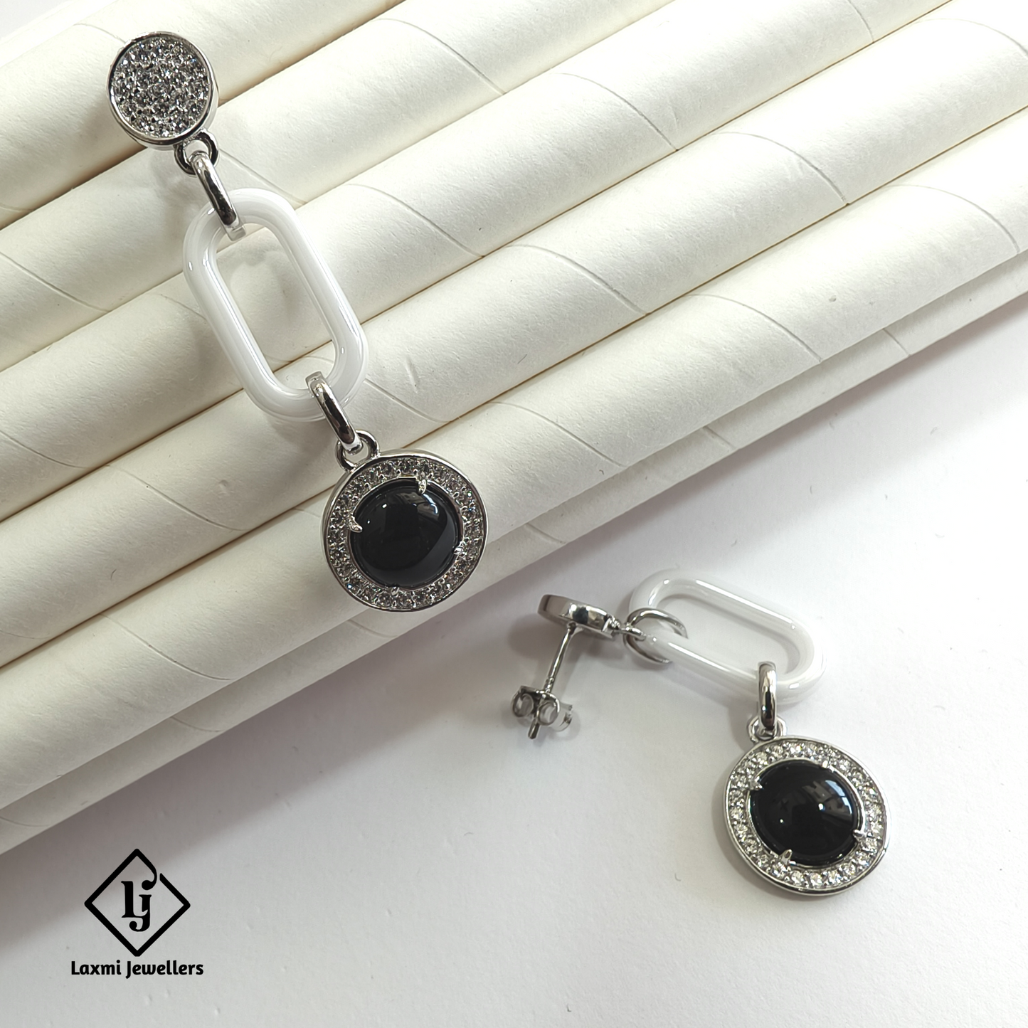 925 Silver Black Stone Designer Drop Earrings for Women | CZ Studded Party Wear Earrings
