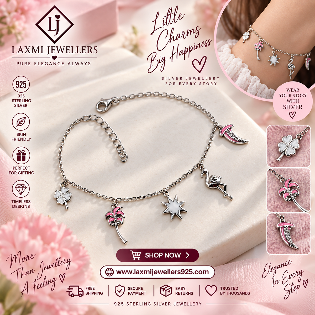 925 Sterling Silver Charm Bracelet for Women | Pink Flamingo, Palm & Star Design – Laxmi Jewellers