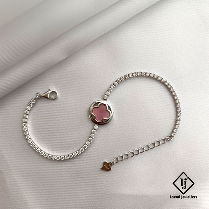 925 Silver Adjustable Bracelet with Pink Clover Charm – Elegant CZ Stone Design for Women