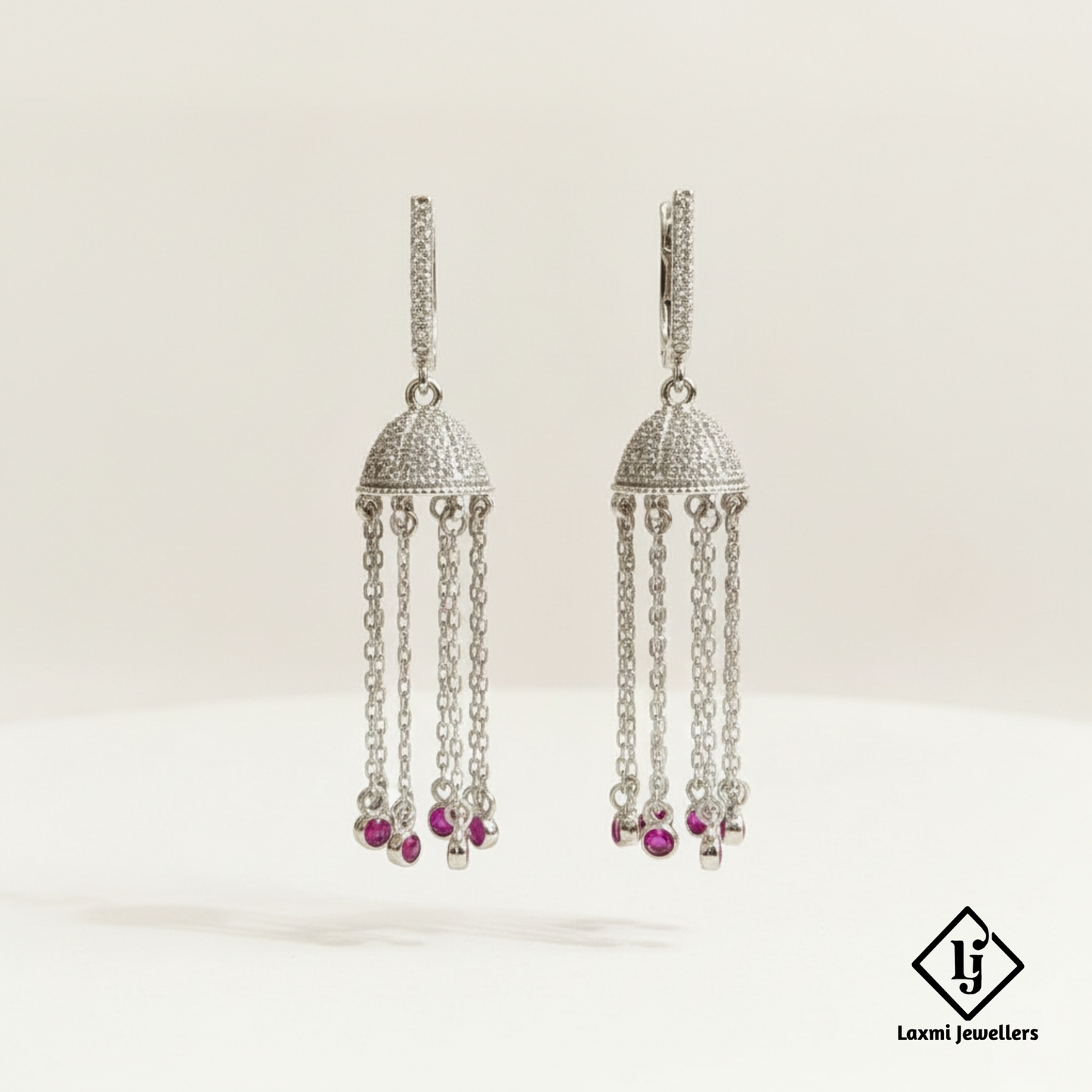 925 Sterling Silver Bali Style Tassel Earrings with Pink Stone | Designer Silver Earrings