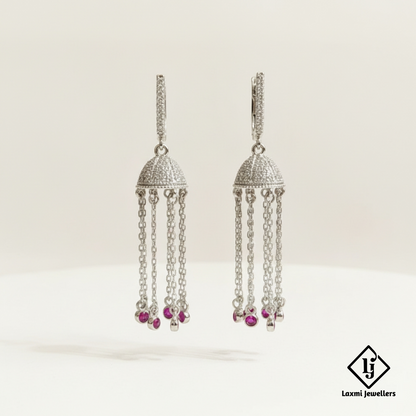 925 Sterling Silver Bali Style Tassel Earrings with Pink Stone | Designer Silver Earrings