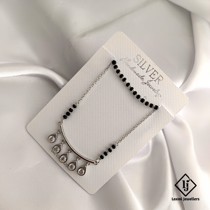 Elegant Silver Plated Mangalsutra Necklace with Crystal Drops – Modern Black Bead Design