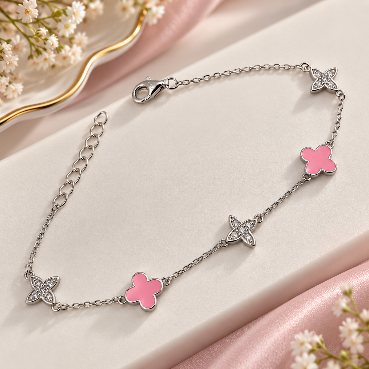 925 Sterling Silver Pink Clover & Sparkling Flower Bracelet for Women | Ladies Bracelet – Laxmi Jewellers